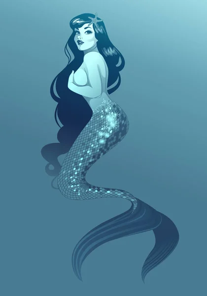 Underwater Scene Beautiful Naughty Retro Pinup Style Mermaid Wearing Starfish — Stock Vector