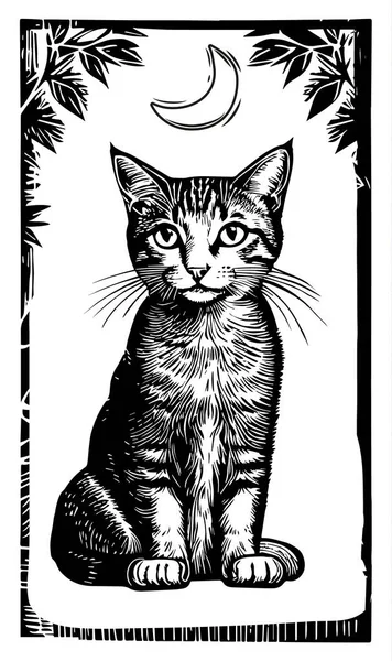 Katze Unter Dem Mond Gravierillustration Lino Cut Druckstil — Stockvektor