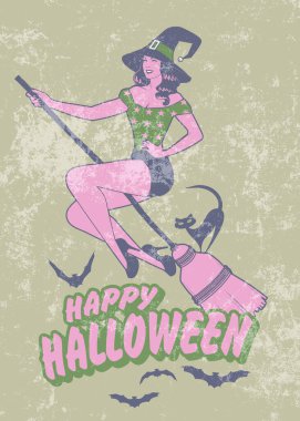 Kara kediyle süpürgede uçan bir cadı. Mutlu Cadılar Bayramı mesajları yarasalarla çevrili. Yaşlanmış ve parçalanmış doku