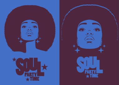 Afro tarzı kıvırcık saçlı, asit renkli güzel bir kadın. Psikedelik makyaj. Poster müzik ruhu, funk ya da disko tarzı 60 'lar ya da 70' ler 