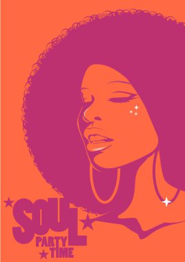 Afro tarzı kıvırcık saçlı, asit renkli güzel bir kadın. Psikedelik makyaj. Poster müzik ruhu, funk ya da disko tarzı 60 'lar ya da 70' ler 