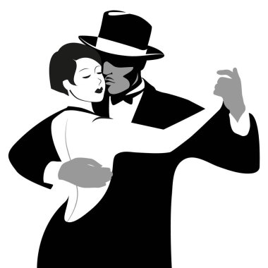 Tango gösterisi. Beyaz arka planda izole edilmiş tutkulu eski moda dansçıları. Klasik minimalist illüstrasyon.