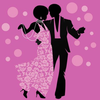 Dans eden çiftlerin siluetleri funk, soul ya da disco müziği, retro tarzı, beyaz arka planda izole edilmiş.
