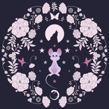 Masallar ve peri masalları için süslü çiçekler ve hayvanlar. Klasik biçim illüstrasyonu