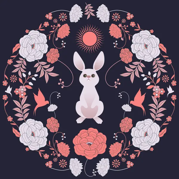 Masallar ve peri masalları için süslü çiçekler ve hayvanlar. Klasik biçim illüstrasyonu