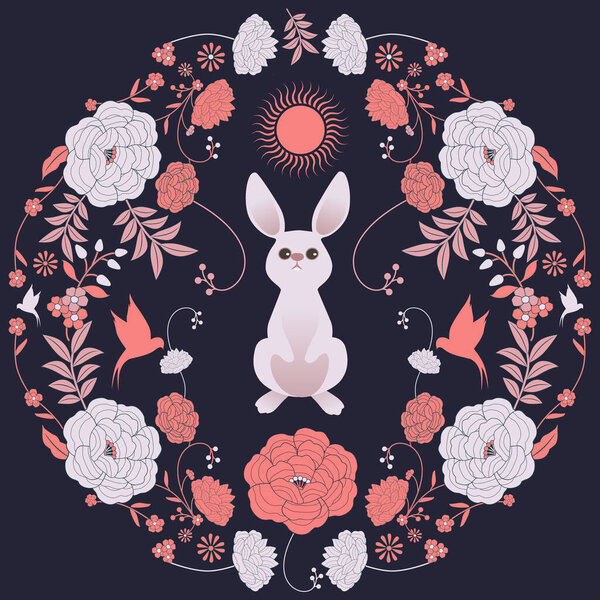 Ornamental frame of flowers and animals for fables and fairy tales. Vintage style illustration