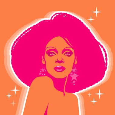 Afro tarzı kıvırcık saçlı, asit ve halüsinojen renkleri olan güzel bir kadın. Poster müzik ruhu, funk ya da disko tarzı 60 'lar ya da 70' ler