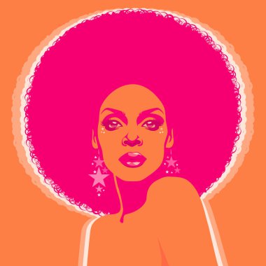 Afro tarzı kıvırcık saçlı, asit ve halüsinojen renkleri olan güzel bir kadın. Poster müzik ruhu, funk ya da disko tarzı 60 'lar ya da 70' ler