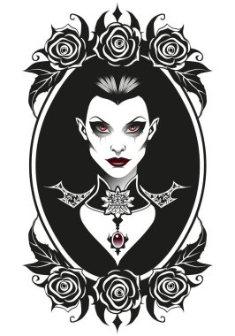  Vampir kadın gotik çerçeve üzerinde klasik mücevherler takıyor. Beyaz arka planda izole güllerle çevrili.