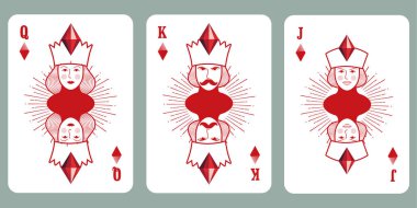 Kral, Kraliçe ve poker destesinin valesi. Kupa, Maça, Sinek ve Elmas, Mücevher lüks kumarhane.