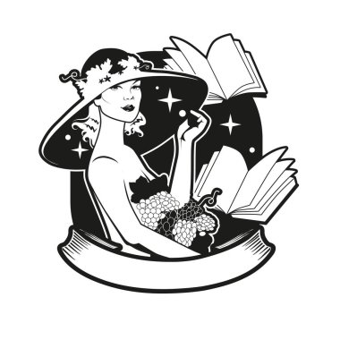 Çizgi film stili PinUp kızı büyük şapka ve üzümlü. Kitaplık, kitapçı, marka ya da çıkartma için resim. Beyaz arkaplanda izole. 