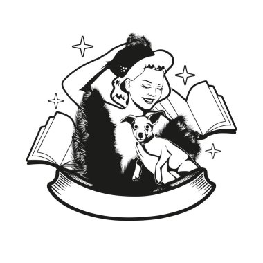 Çizgi film stili PinUp sarışın kız kürk şapka takıyor ve bir köpek yavrusu taşıyor. Kitaplık, kitapçı, marka ya da çıkartma için resim. Beyaz arkaplanda izole.