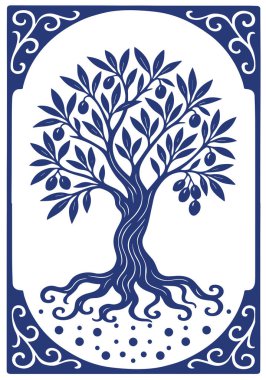 Tarzlanmış yaprakları ve küçük meyveleri olan zeytin ağacı. Markalaşma, ürün ambalajlama, etiketler ve Akdeniz temalı tasarımlar için uygundur.