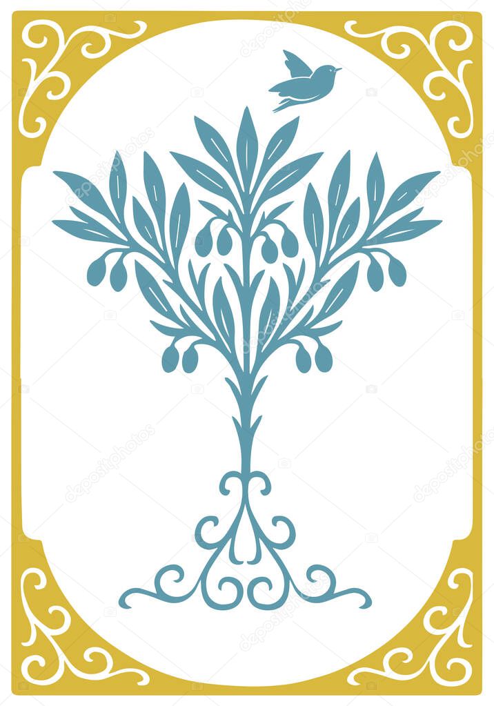 Olive tree with stylized leaves and small fruits. Suitable for branding, product packaging, labels and Mediterranean-themed designs.