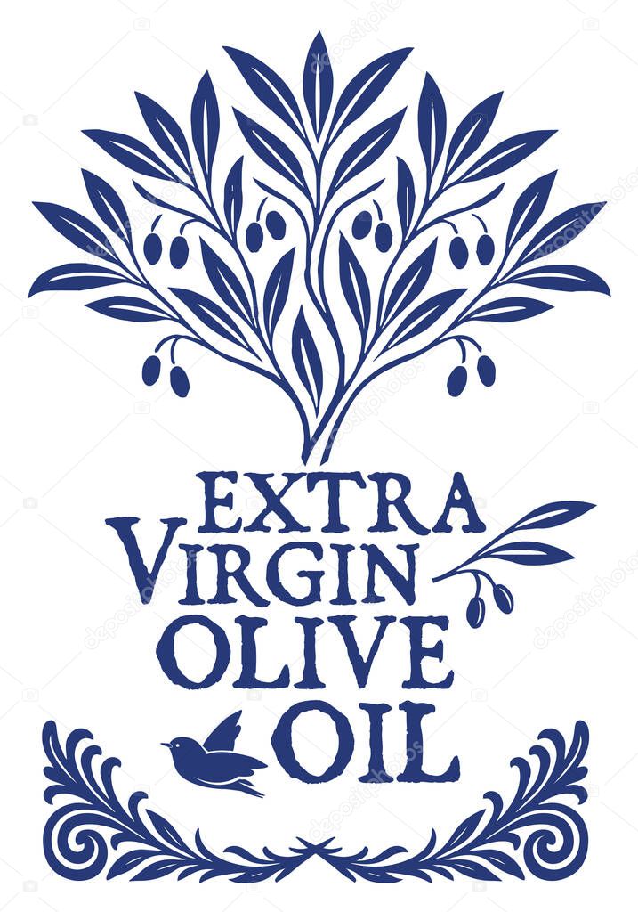 Olive tree with stylized leaves and small fruits. Suitable for branding, product packaging, labels and Mediterranean-themed designs.