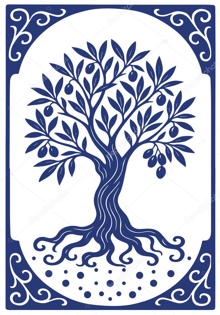 Olive tree with stylized leaves and small fruits. Suitable for branding, product packaging, labels and Mediterranean-themed designs.