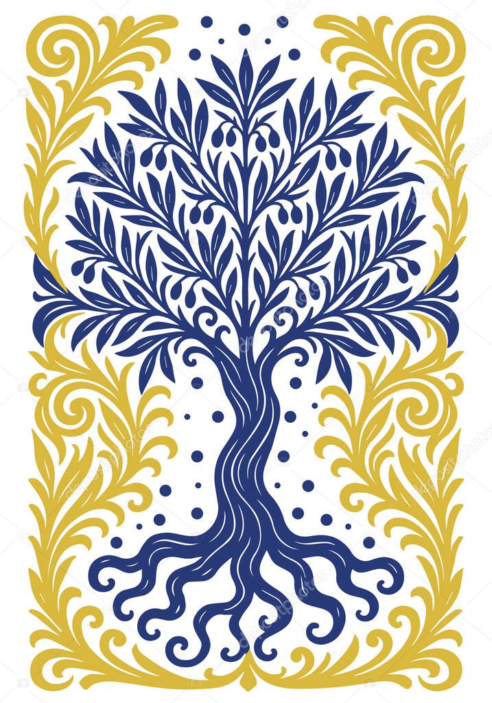 Olive tree with stylized leaves and small fruits. Suitable for branding, product packaging, labels and Mediterranean-themed designs.