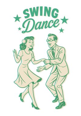 Klasik Swing Dansı Çifti. 1940 'ların Lindy Hop Çizgi Filmi Clipart Illustration beyaz arkaplanda izole edildi. 