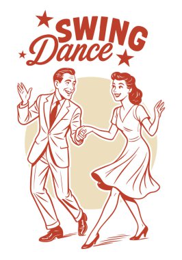 Klasik Swing Dansı Çifti. 1940 'ların Lindy Hop Çizgi Filmi Clipart Illustration beyaz arkaplanda izole edildi. 