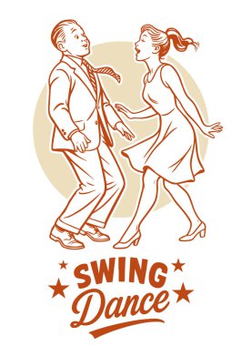 Klasik Swing Dansı Çifti. 1940 'ların Lindy Hop Çizgi Filmi Clipart Illustration beyaz arkaplanda izole edildi. 