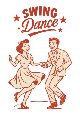 Klasik Swing Dansı Çifti. 1940 'ların Lindy Hop Çizgi Filmi Clipart Illustration beyaz arkaplanda izole edildi. 