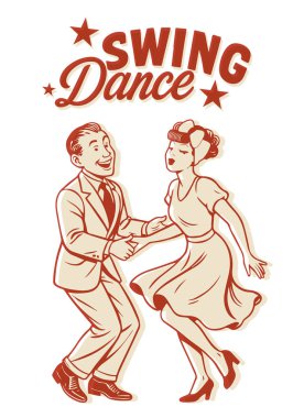 Klasik Swing Dansı Çifti. 1940 'ların Lindy Hop Çizgi Filmi Clipart Illustration beyaz arkaplanda izole edildi. 
