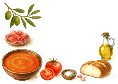 Akdeniz yemekleri. Gazpacho Malzemeleri ve Serrano Jambonu. Gazpacho ya da salmorejo malzemeli suluboya seti ve bir tabak jambon. El yapımı beyazla izole edilmiş.