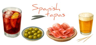 İspanyol Tapas 'ı. Geleneksel atıştırmalıklar ve içecekler. Klasik İspanyol tapas, bira, vermut ya da yazın kırmızı şarabı zeytin, jambon, karides, peynir ve ekmek çubuklarının suluboya çizimi. Beyaz arkaplanda izole