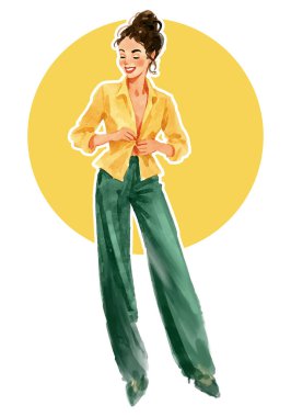 Bluzunu ilikleyen gülümseyen bir kadının suluboya resmi. Sarı bluzunu iliklerken gülümseyen, geniş paçalı pantolon giyen neşeli genç bir kadının suluboya sanat eserleri.. 