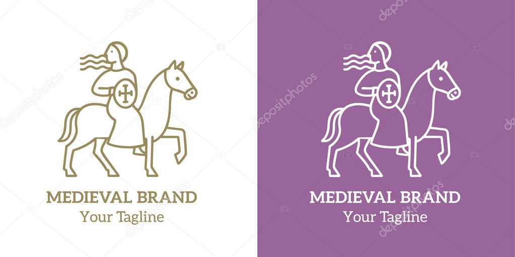 Minimalist line art medieval woman knight on horse with shield and cross logo design
