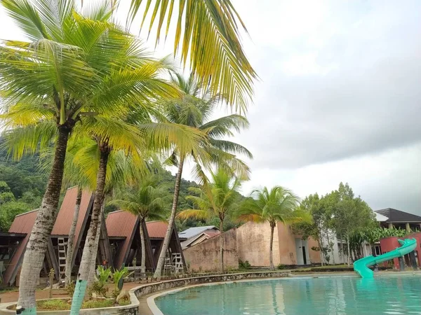 Красивый Тропический Отель Пальмами Голубым Небом — стоковое фото