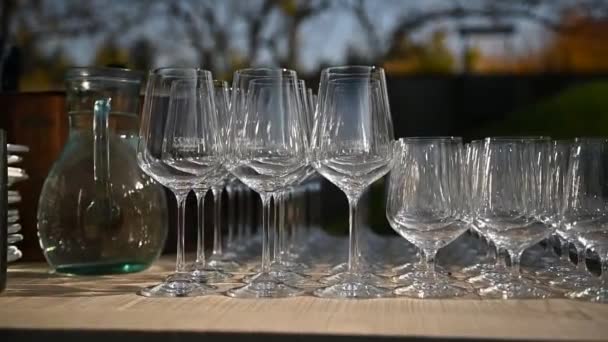 一杯又一杯的香槟排成一排 排在桌子上等着婚宴的来宾 — 图库视频影像