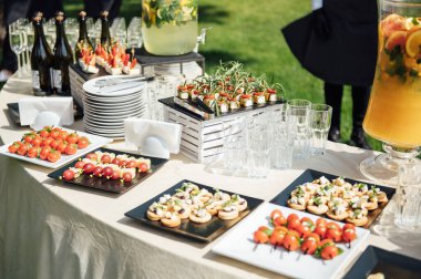 Sandviç, kanepe ve kekler festival masasında. Çok çeşitli atıştırmalıklar. Vejetaryenler dahil.