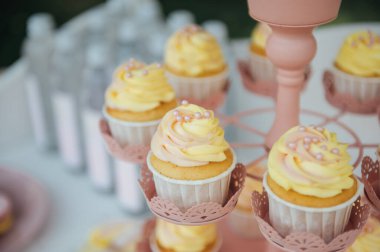 Bebek doğum günü. Pasta tezgahında Fransız kurabiyeleri. İçinde makarna, kek, peynirli kekler, tepside renkli kurabiyeler. Parlak sarı renkte dekoratif bir doğum günü masası.