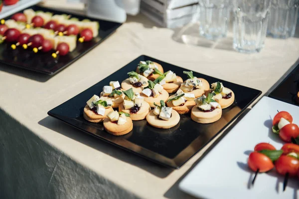 Sandwiches Canapes Cakes Festive Table Wide Variety Snacks Including Vegans — Stock Photo, Image