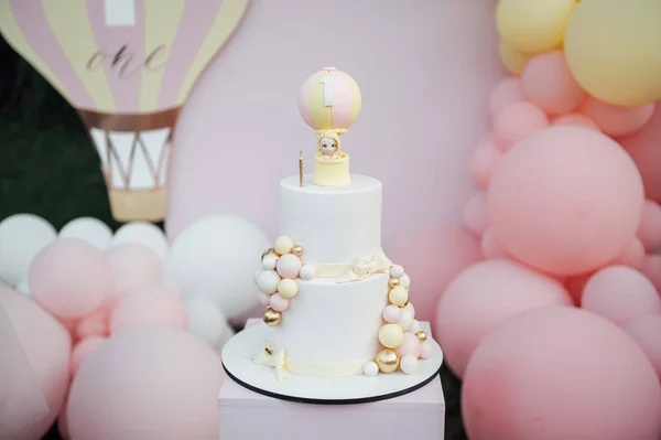 First Birthday Pink Cake Decorations Cake Smash — Stock Photo, Image