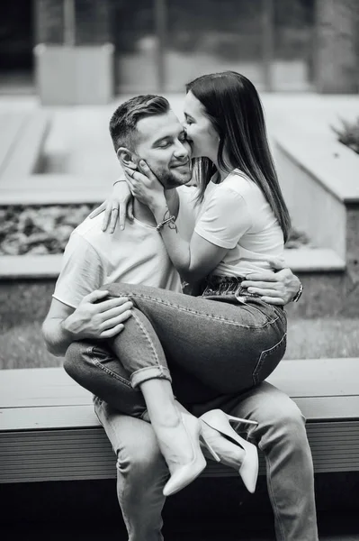 Fashion Outdoor Romantic Portrait Beautiful Young Couple Love Kissing Hugs — Stock Photo, Image