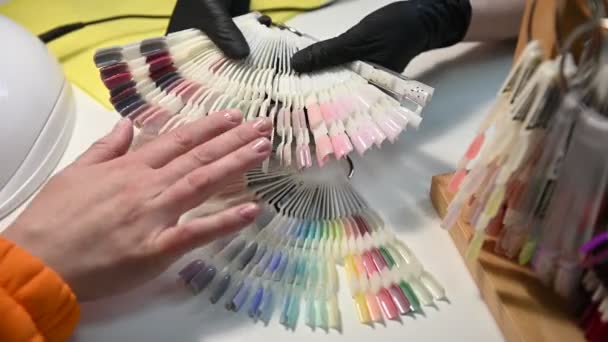 Mani Donna Tenendo Manicure Unghie Tavolozza Campioni Colore Bellezza Salute — Video Stock