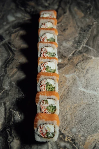 Traditional Delicious Fresh Sushi Roll Set Gray Background Reflection Sushi — Stock Photo, Image