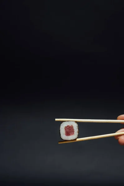 Girls Hands Hold Sushi Rolls Bamboo Sticks Japanese Traditional Food — Stock Photo, Image
