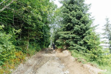 Yürüyen insanlar ve off-road arabaları için dağlardaki eski kayalık toprak yol.