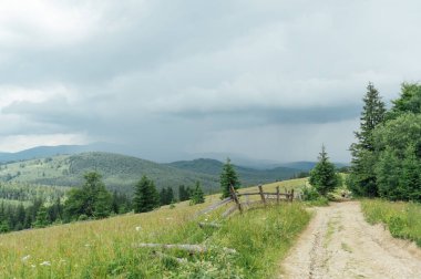 Yürüyen insanlar ve off-road arabaları için dağlardaki eski kayalık toprak yol.