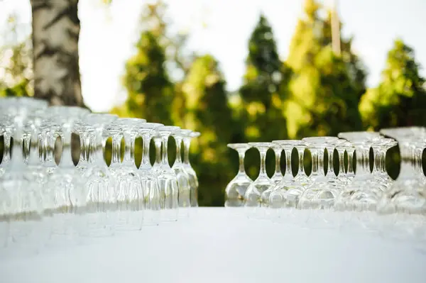 A lot of empty wine glasses. Row of clean glass transparent glasses are on a table on banquet in a bar and restaurant