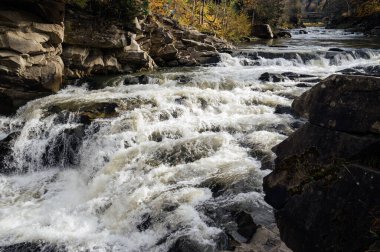 Vahşi dağ nehri taş kayaların arasından akıyor. Karpatlar 'da bol miktarda temiz dere var. Nehrin kenarına soğuk su sıçrıyor. Ulusal parktaki kayalardan küçük bir taşma. Su arkaplanı kavramı