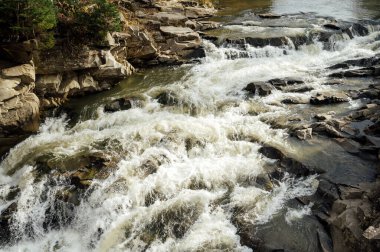 Vahşi dağ nehri taş kayaların arasından akıyor. Karpatlar 'da bol miktarda temiz dere var. Nehrin kenarına soğuk su sıçrıyor. Ulusal parktaki kayalardan küçük bir taşma. Su arkaplanı kavramı
