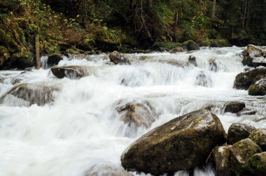 Fırtınalı dağ nehri dağların yükseklerindeki vadi boyunca akar. Su arkaplanı kavramı