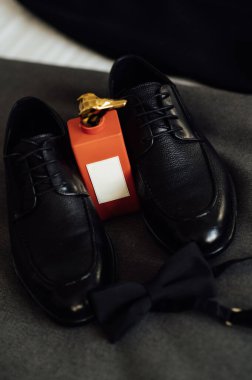 Beyaz gri arka planda izole edilmiş zarif kahverengi erkek aksesuarları. Papyon, kemer, ayakkabı, parfüm. Düğün konsepti hazırlığı.