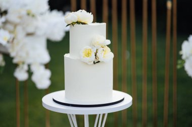 Akşam düğün kemerinin yanında güzel bir düğün pastası..