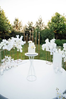 Akşam düğün kemerinin yanında güzel bir düğün pastası..