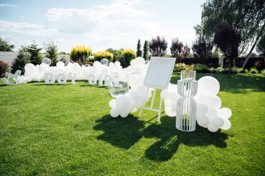 Çocuğun cinsiyetini belirleme kurulu. Seçim, hamile aile kemerinin misafirleri tarafından balonlarla, parti için çiçeklerle yapılır. Moda bahar dekoru. Kutlama konsepti. Doğum günü partisi.